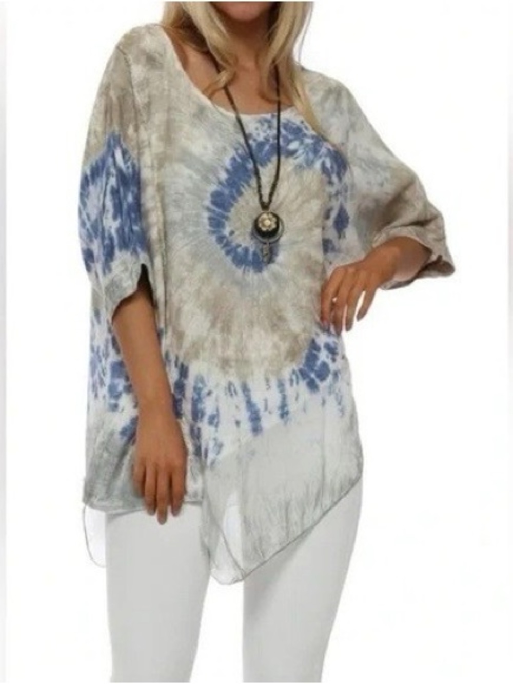 Made in Italy Linen Silk Tie-Dye Short Dolman Sleeves Tunic L/XL Asymmetrical
